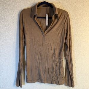 AmélieBoutik Women Collar V Neck Long Sleeve Polo Shirt. “Note” Oatmeal Size M